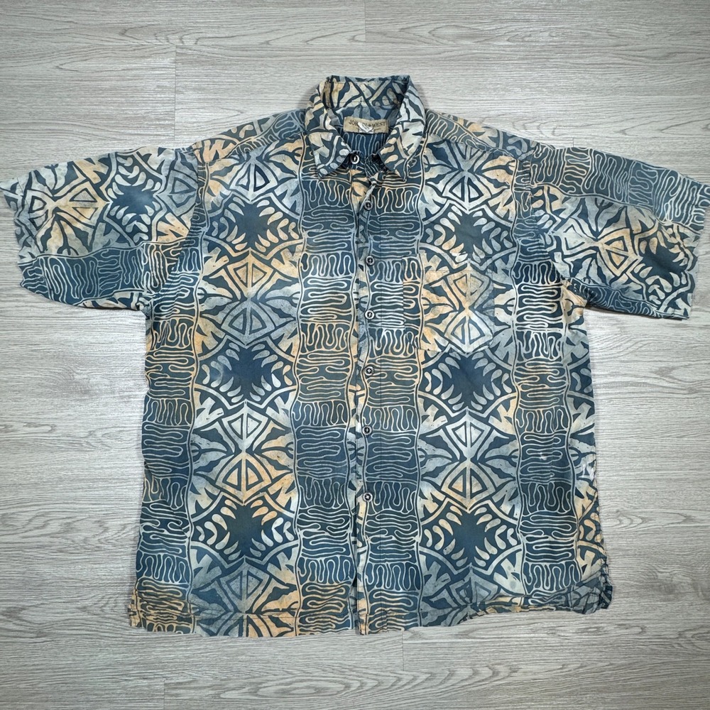 Johari West Men's‎ Button Down Shirt Batik Tribal Print Blue Tan XL Short Sleeve